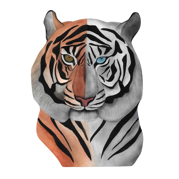 Tiger à l'aquarelle Chat sauvage Tête d'animal en gros plan Portrait de prédateur rayé Design de logo de l'affiche Carnivore