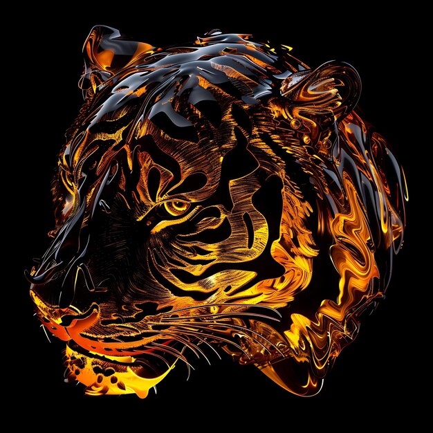 Tiger en forme de feu Matériel opaque avec orange Liquid Deco Art d'arrière-plan Concept brillant Y2K