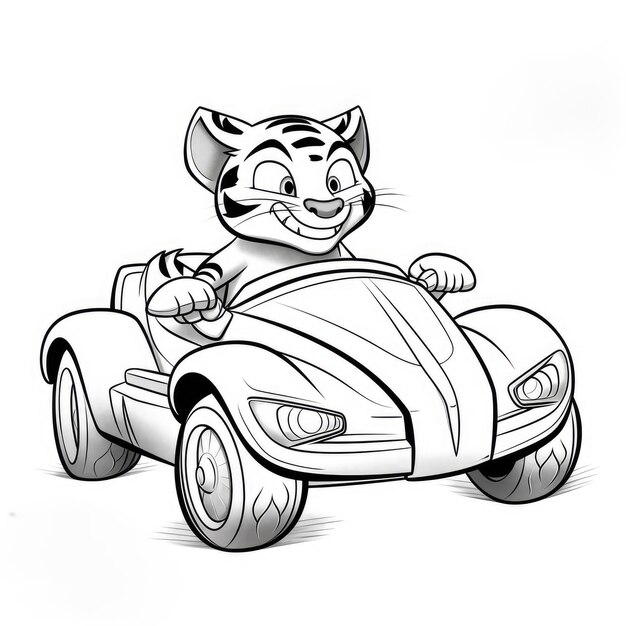 Photo tiger's thrilling ride une page à colorier minimaliste inspirée de pixar avec une voiture de sport sur un dos blanc