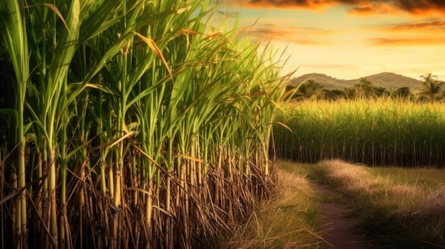 Photo des tiges de canne à sucre sur une plantation ia générative