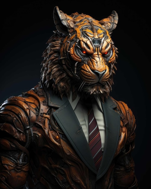 Photo tigre 3d avec un corps humain à l'air sérieux vêtu d'un costume avec un fond de studio dramatique