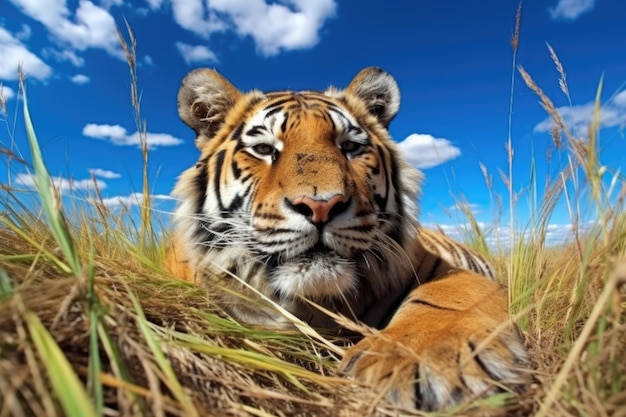 Un tigre allongé dans les prairies sous un ciel bleu