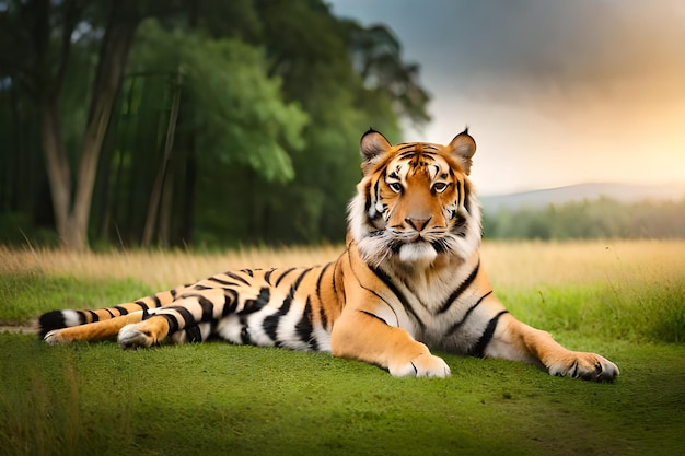 Un tigre allongé sur l'herbe devant un coucher de soleil