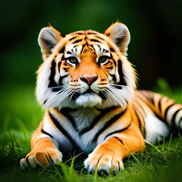 Un tigre allongé sur l'herbe avec un fond sombre.