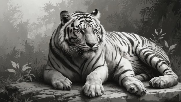 un tigre allongé sur une plate-forme avec une image en noir et blanc d'un tigre