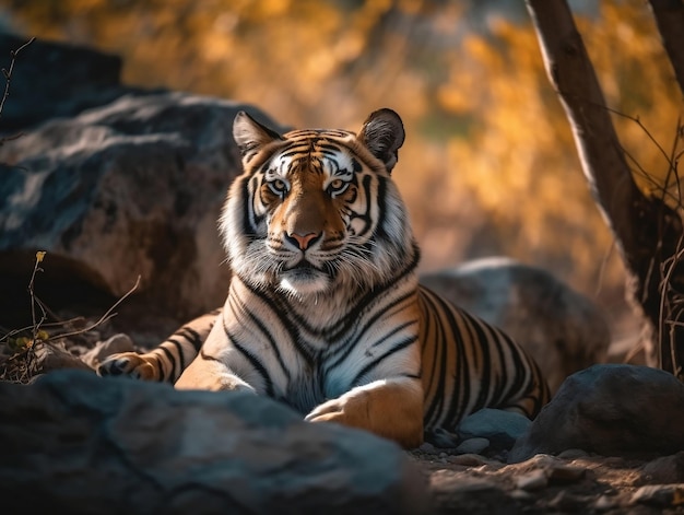 Un tigre allongé sur des rochers dans la jungle