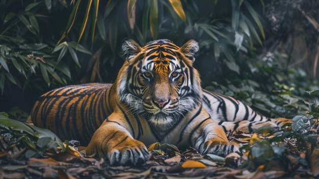 un tigre allongé sur le sol dans une jungle avec des feuilles