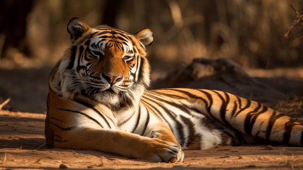 Un tigre allongé sur le sol en Inde