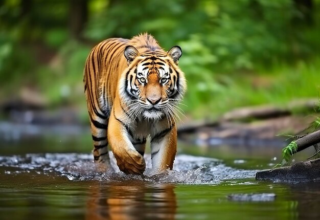 Tigre de l'Amour marchant dans l'eau Animal dangereux Animal dans un ruisseau de forêt verte AI générative