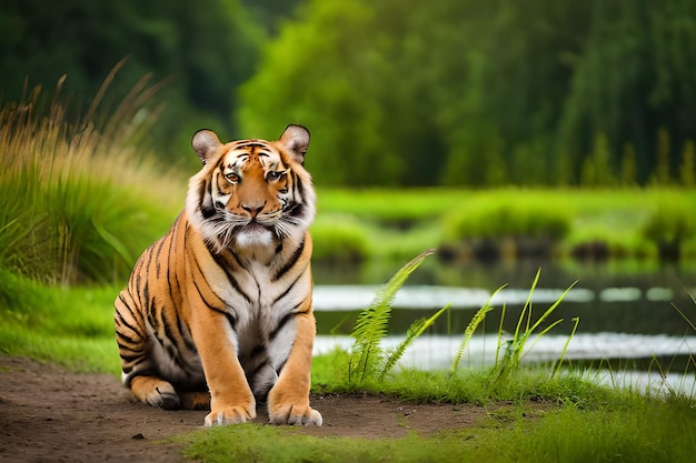 Un tigre assis dans l'herbe