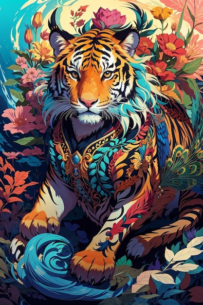 Un tigre aux couleurs vives et aux motifs intricats