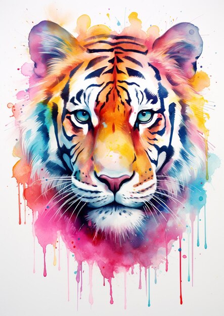 tigre aux couleurs vives avec des yeux bleus et un fond blanc ai générative