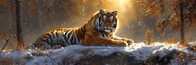 Un tigre aux rayures vives orange et noire se repose sur une pierre accidentée et regarde la forêt de pins hivernale éclairée par la lumière dorée du soleil.