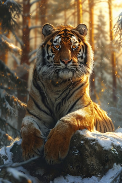 Le tigre aux yeux d'ambre sur une pierre dans la forêt d'hiver Un portrait de puissance et d'équilibre au milieu des pins enneigés et du soleil doré