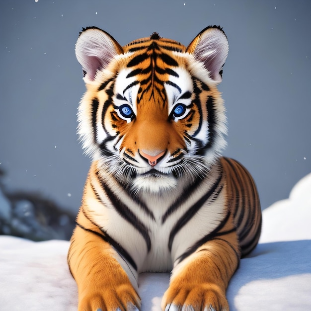 Un tigre aux yeux bleus couché dans la neige.