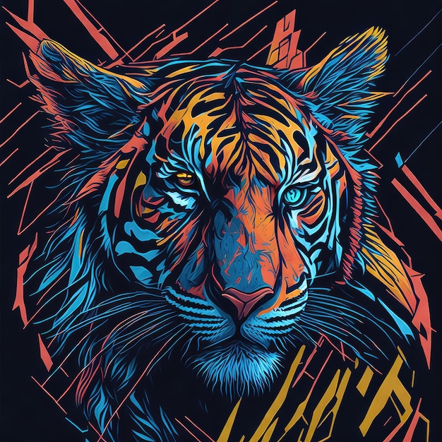 Un tigre aux yeux bleus est représenté sur un fond noir.