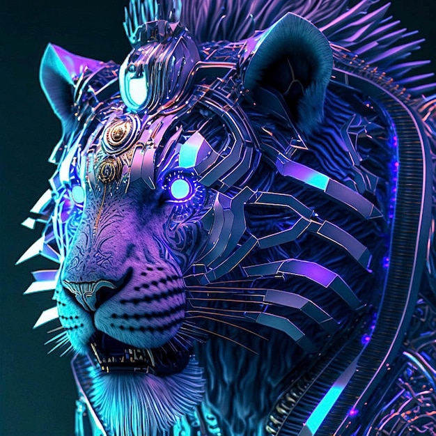 Un tigre aux yeux brillants est représenté en violet et bleu.