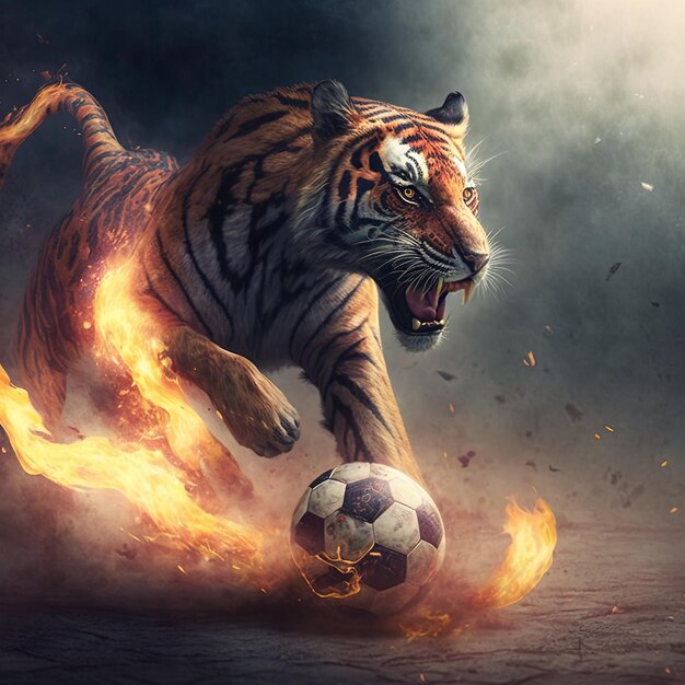 un tigre avec un ballon de football dans la bouche court vers un ballon.