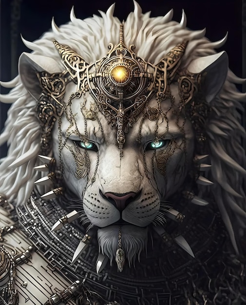 Un tigre blanc avec une couronne dorée et des yeux bleus