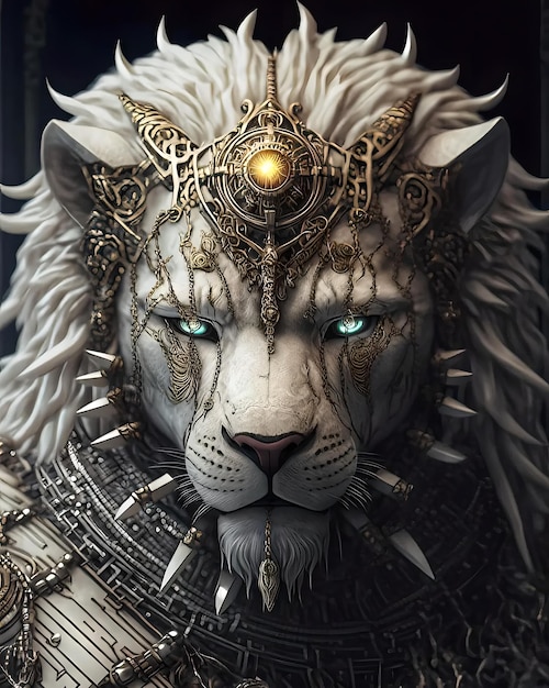 Un tigre blanc avec une couronne d'or et une couronne d'argent.