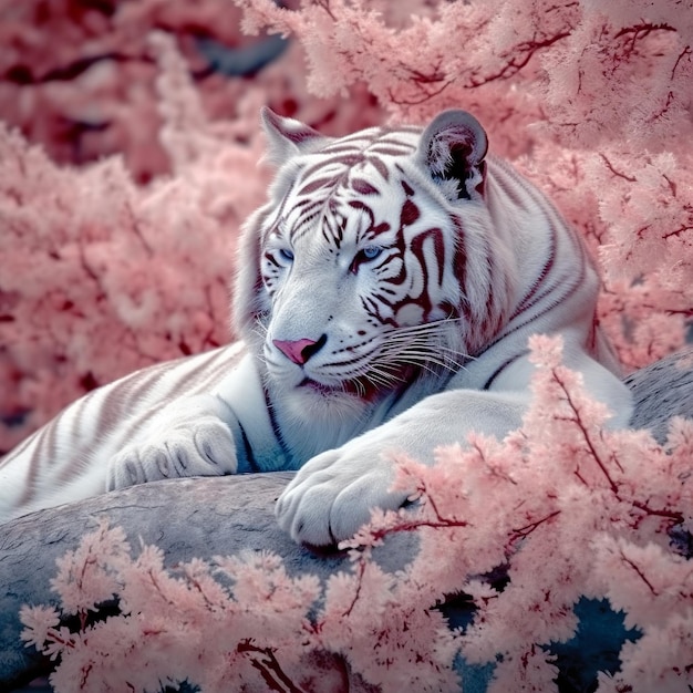 Un tigre blanc sur fond d'un beau jardin de sakura Generative Ai