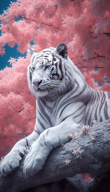 Tigre blanc sur fond rose