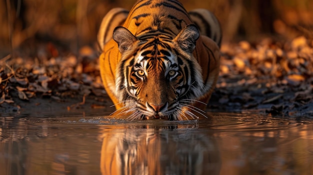 Un tigre boit dans une piscine avec réflexion dans une zone boisée sèche au crépuscule