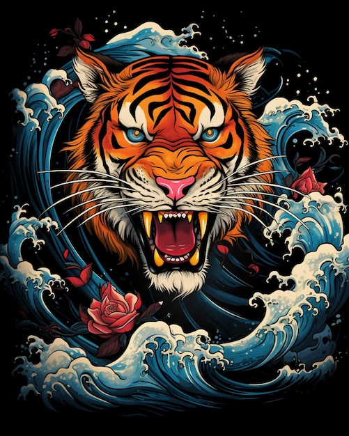 Tigre avec la bouche ouverte et la bouche grande ouverte devant une vague ai générative
