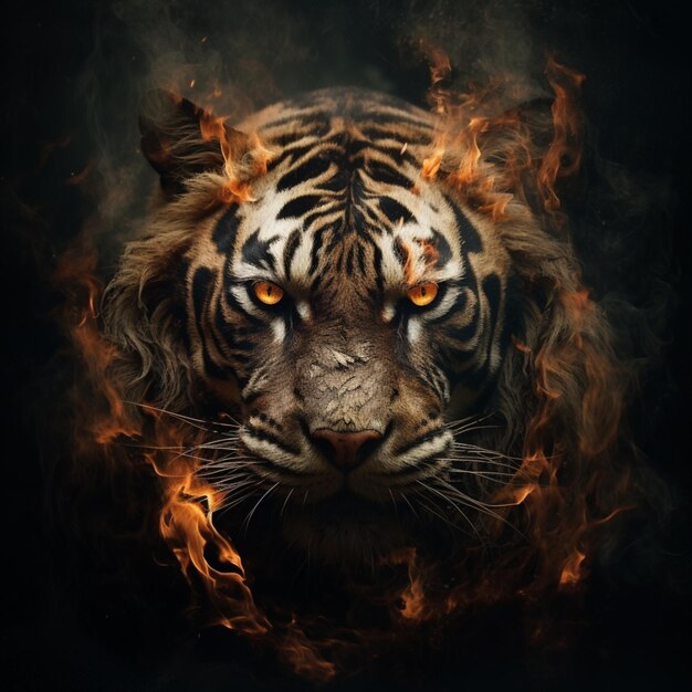 Tigre en colère contre le feu sur fond noir