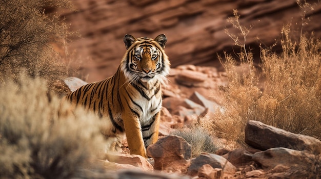 Un tigre sur une colline rocheuse en Inde