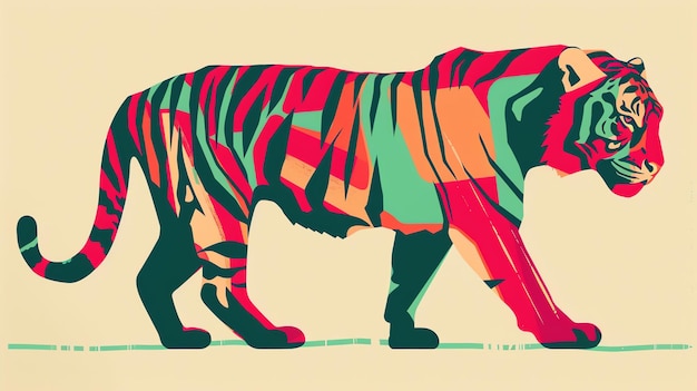 Un tigre coloré marche sur un fond beige Le corps du tigre est composé de différentes nuances de rouge orange jaune vert bleu et violet