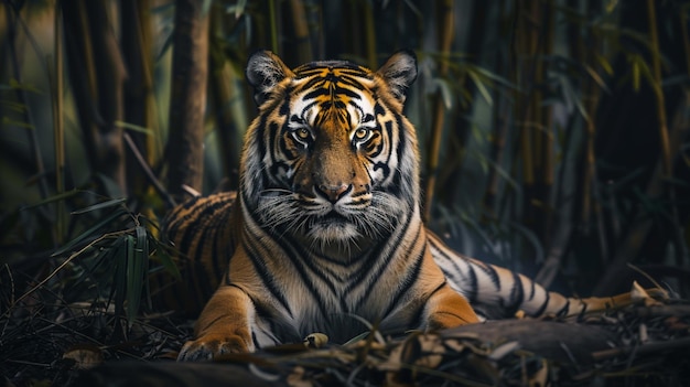 un tigre couché dans l'herbe devant une forêt de bambou