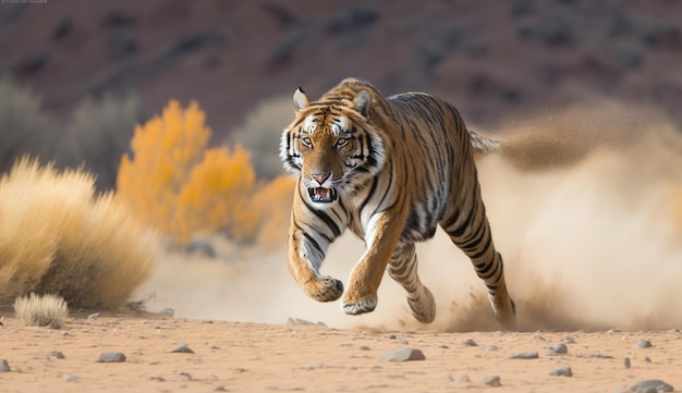 Un tigre courant dans le désert