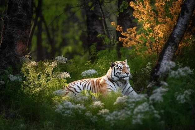 Un tigre dans les bois avec un arbre en arrière-plan