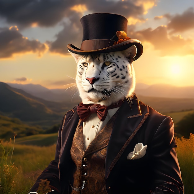 Photo un tigre dans un costume et un chapeau avec un nœud papillon et un cravat papillon