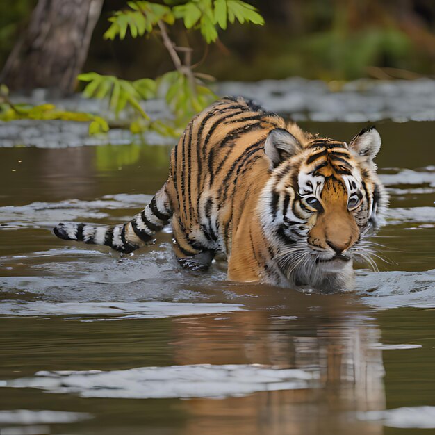 un tigre dans l'eau avec un arbre en arrière-plan