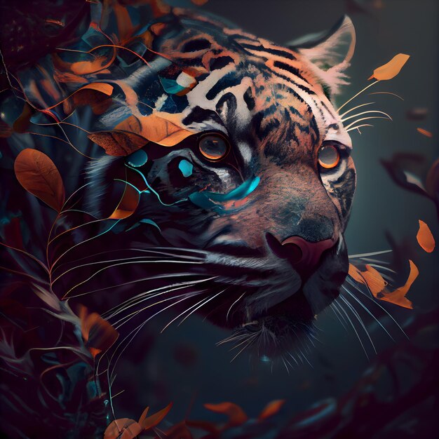 Tigre dans la forêt avec des feuilles et des fleurs illustration 3d