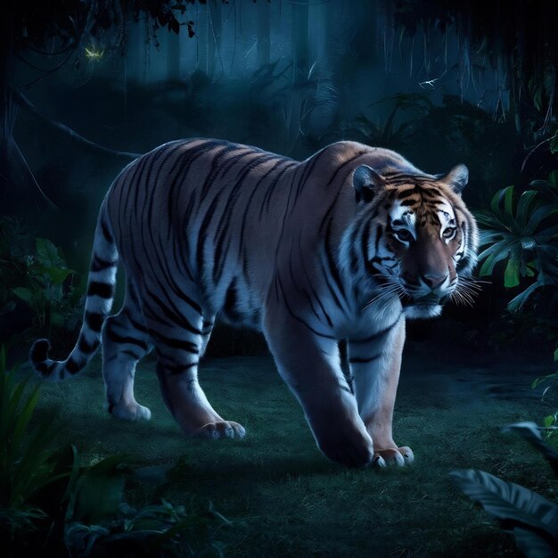 Tigre dans la forêt tropicale la nuit