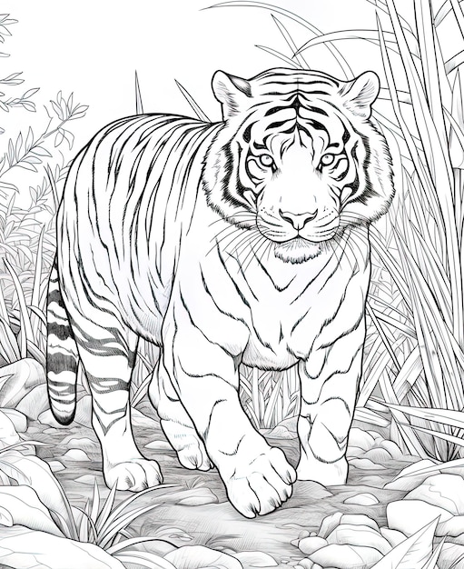 un tigre dans l'herbe avec un fond noir et blanc