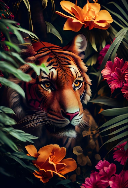 Tigre dans la jungle Fond floral tropical sans couture avec Tiger Generative AIxA