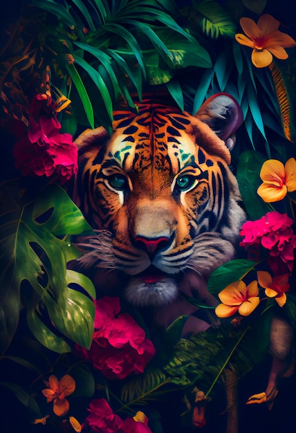 Tigre dans la jungle Fond floral tropical sans couture avec Tiger Generative AIxA