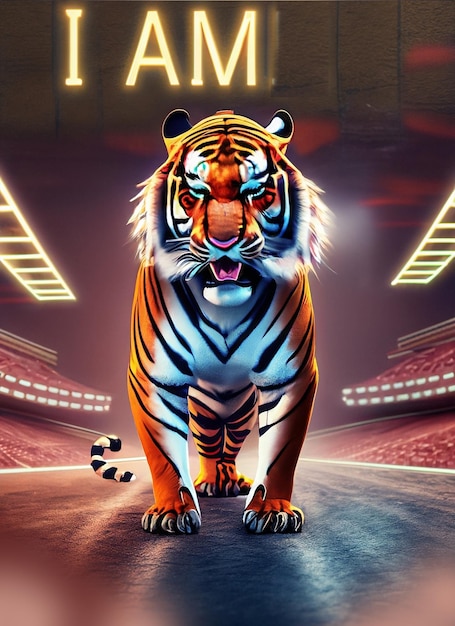 Photo un tigre dans une veste en cuir se tient dans le stade devant une enseigne au néon qui dit 039 je suis un tigre0