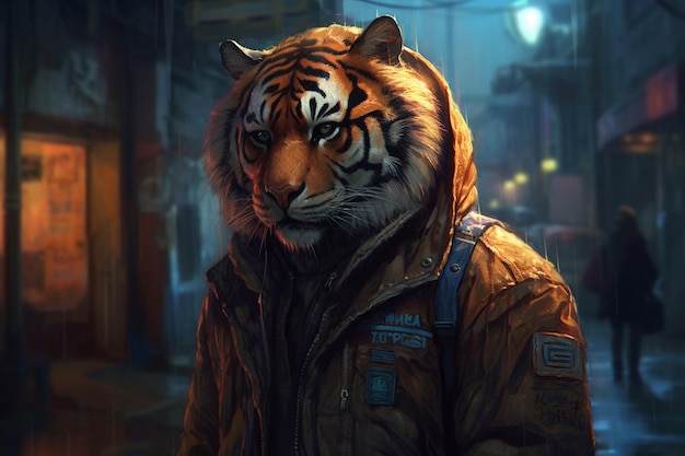 Tigre dans la veste d'un homme sur le fond de la ville nocturne