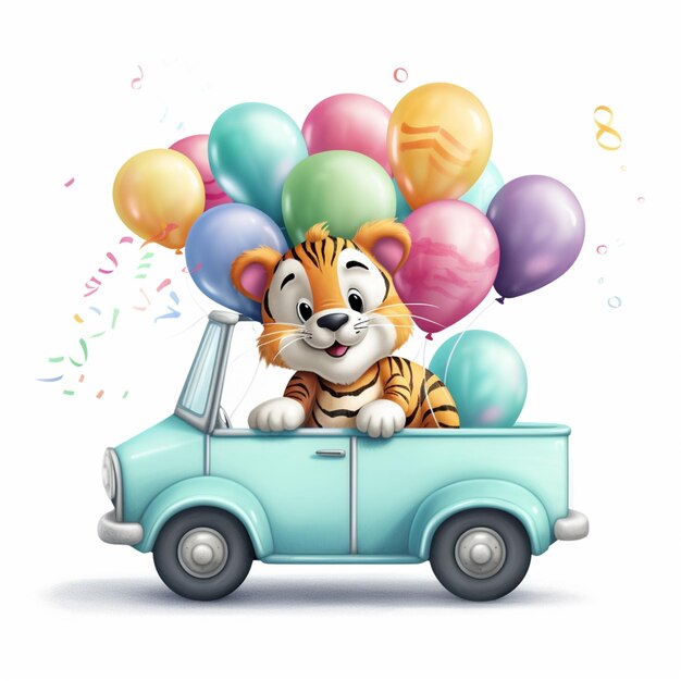 un tigre de dessin animé dans une voiture avec des ballons et des confettis