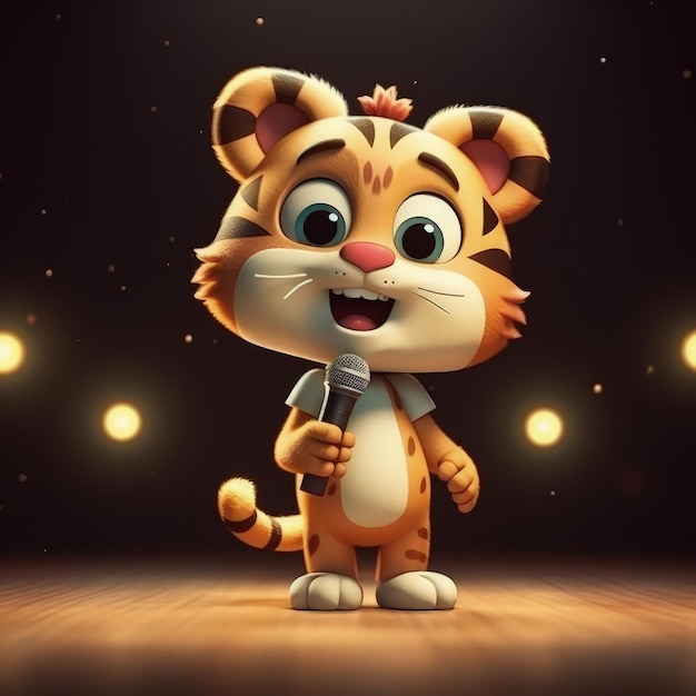 Tigre de dessin animé mignon avec de très grands yeux chantant une grande scène avec un projecteur brillant un personnage solo IA générative