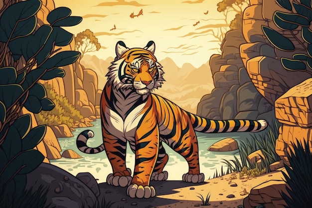 Un tigre de dessin animé se tient dans une jungle.