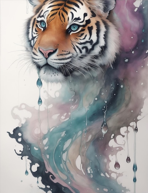 Tigre avec de l'encre de couleurs pastel dégoulinant dans l'eau éclabousse des gouttes