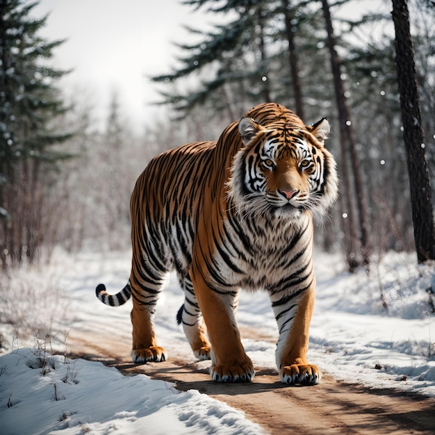 Tigre enneigé de course en milieu sauvage en hiver