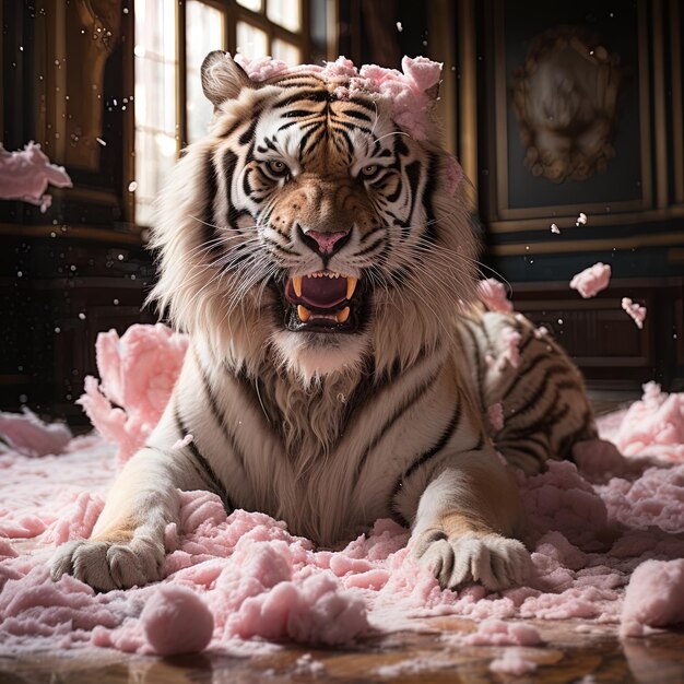 Photo un tigre est allongé sur une couverture avec des fleurs roses dessus