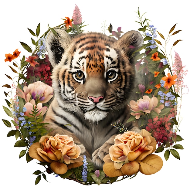 Un tigre avec des fleurs et le mot " dessus "